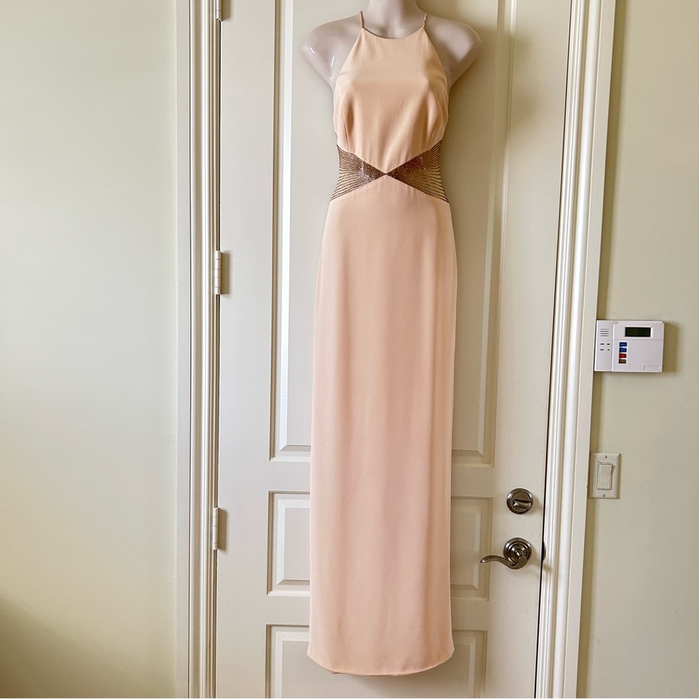 GILAR Buttery-Yellow Low Back Evening Dress, Beaded Cut-Outs, Size 8, EUC